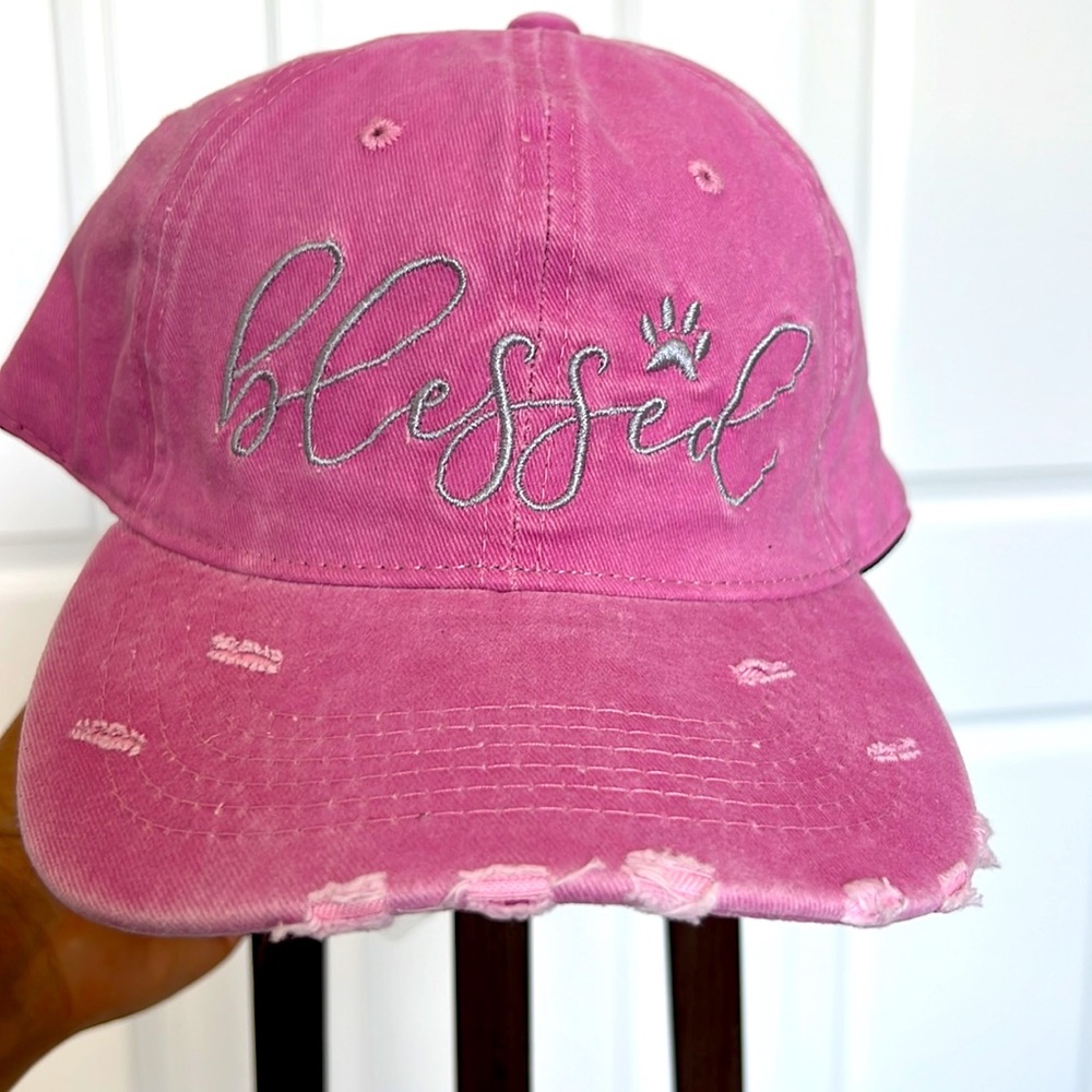 Pink distressed “Blessed” hat
